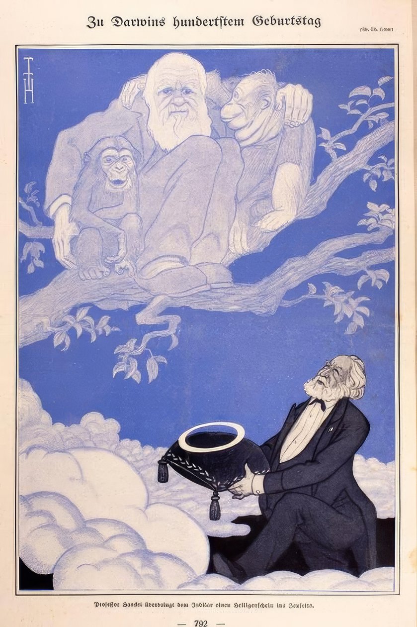 1909 karikatur Darwin, Apes, Haeckel af Thomas Theodor Heine