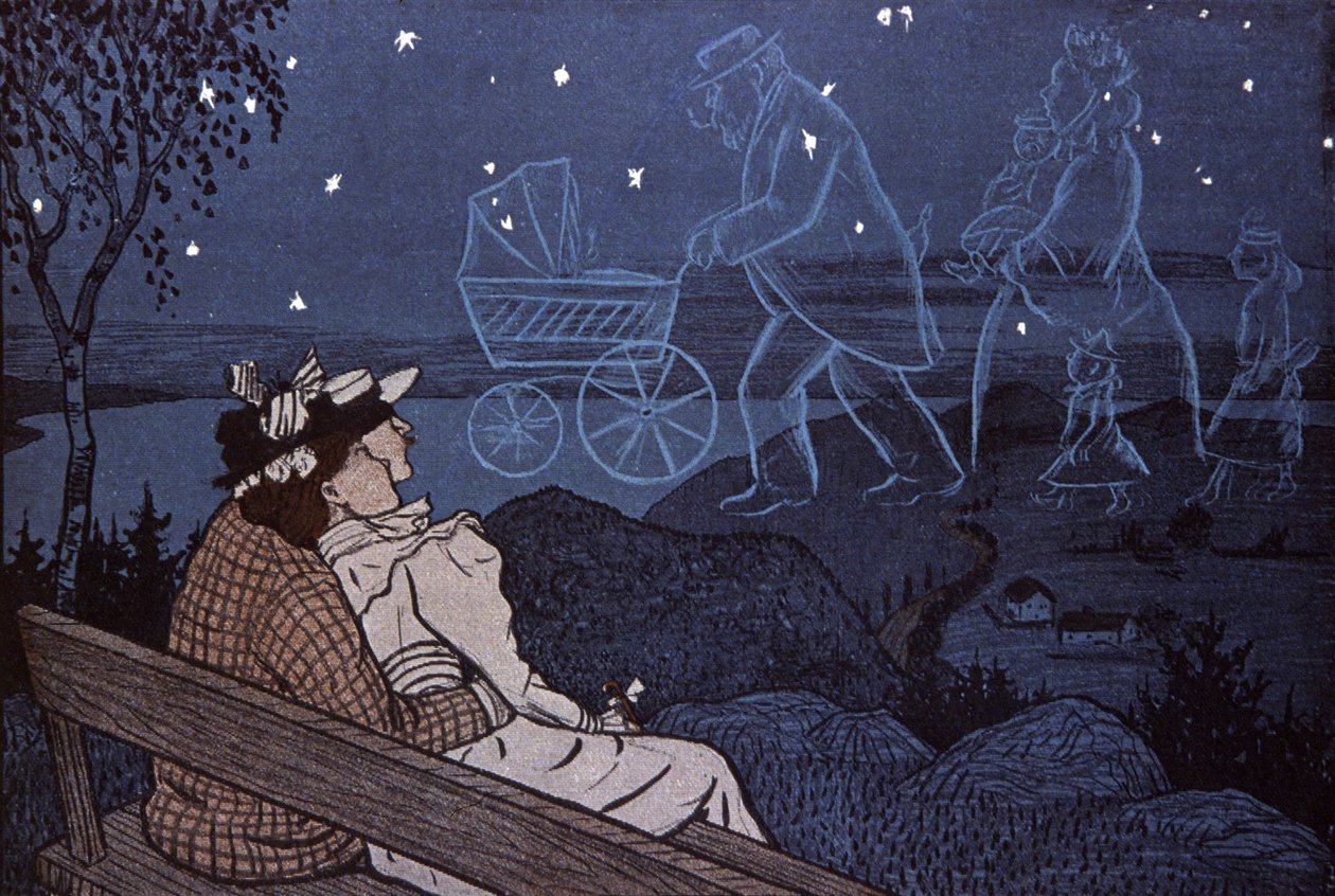 Par ude i det fri, ser på deres fremtid i stjernerne: børn, familie. Illustration af Th.Th. Heine i: Simplicissimus, Tyskland af Thomas Theodor Heine