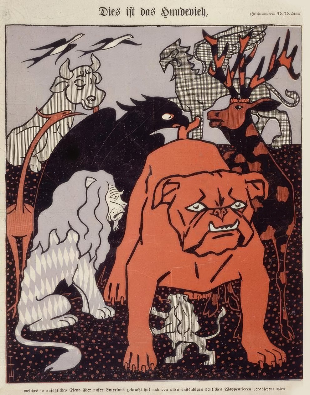 Det er hundekvæget, der har bragt en så usigelig elendighed til vort fædreland og afskyes af alle anstændige tyske heraldiske dyr af Thomas Theodor Heine