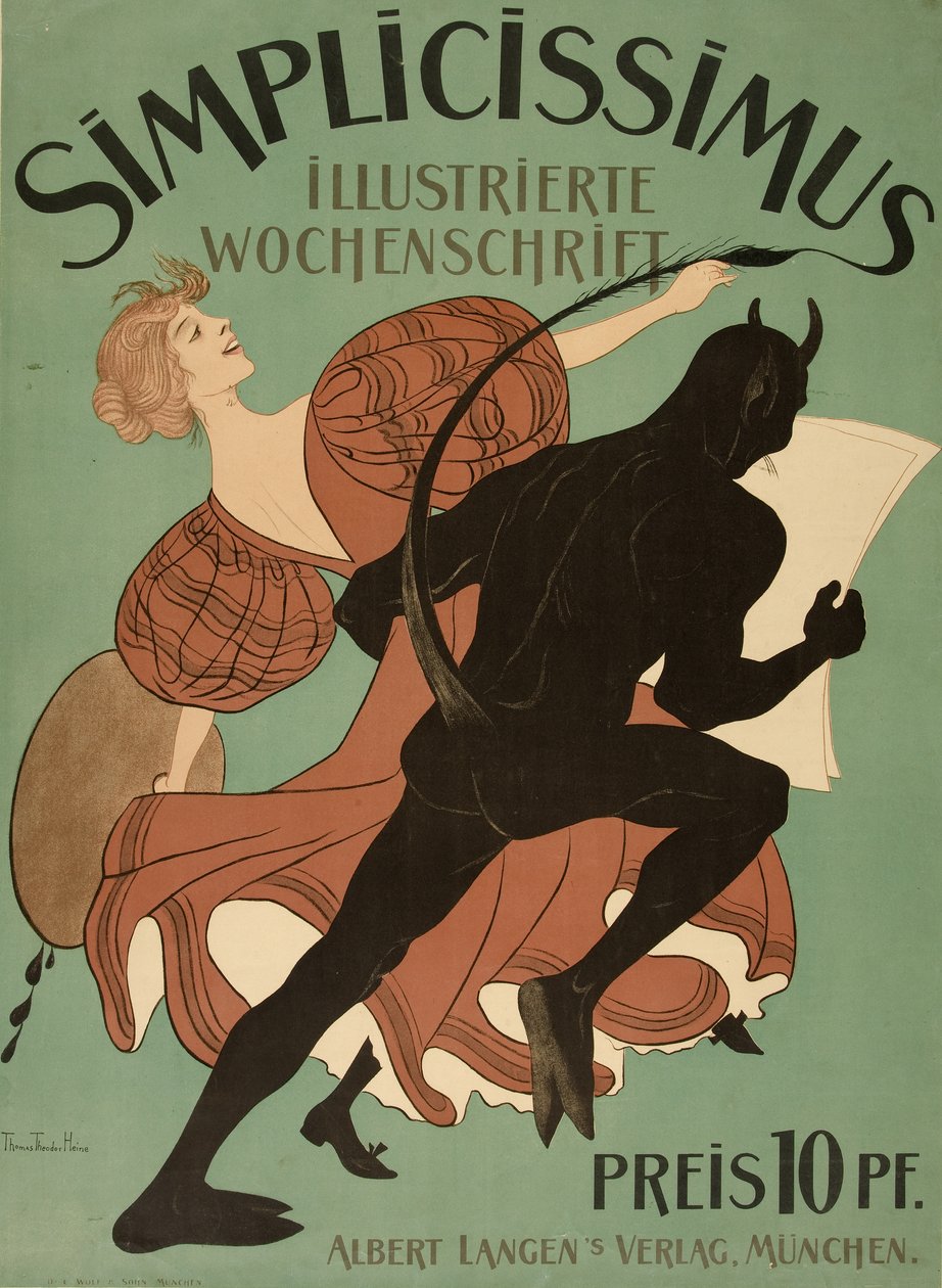 Forside fra "Simplicissimus Illustrated Weekly", pub. 1896 (farve litho) af Thomas Theodor Heine