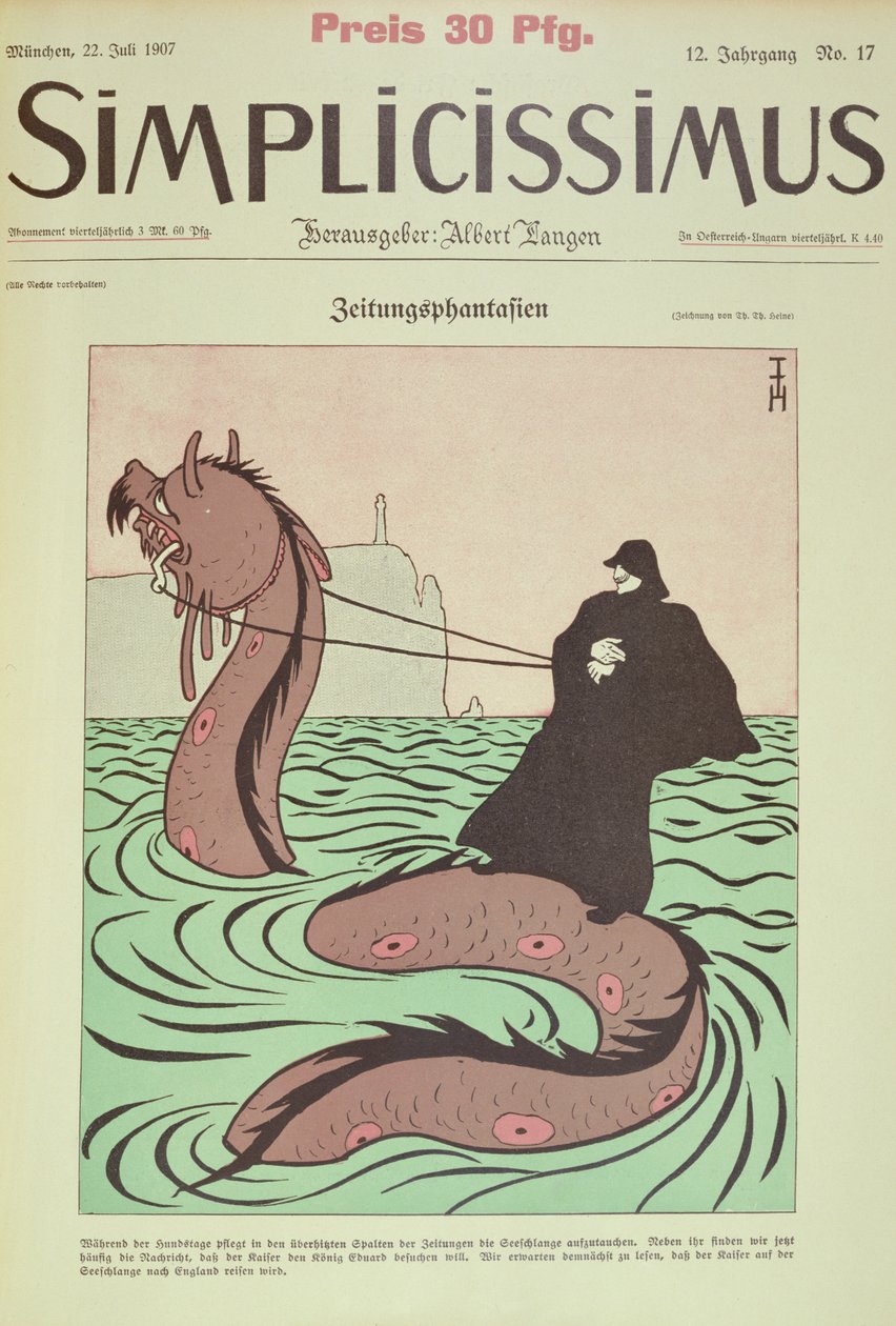Kaiser rider Sea Snake til England, cover Illustration fra Simplicissimus af Thomas Theodor Heine