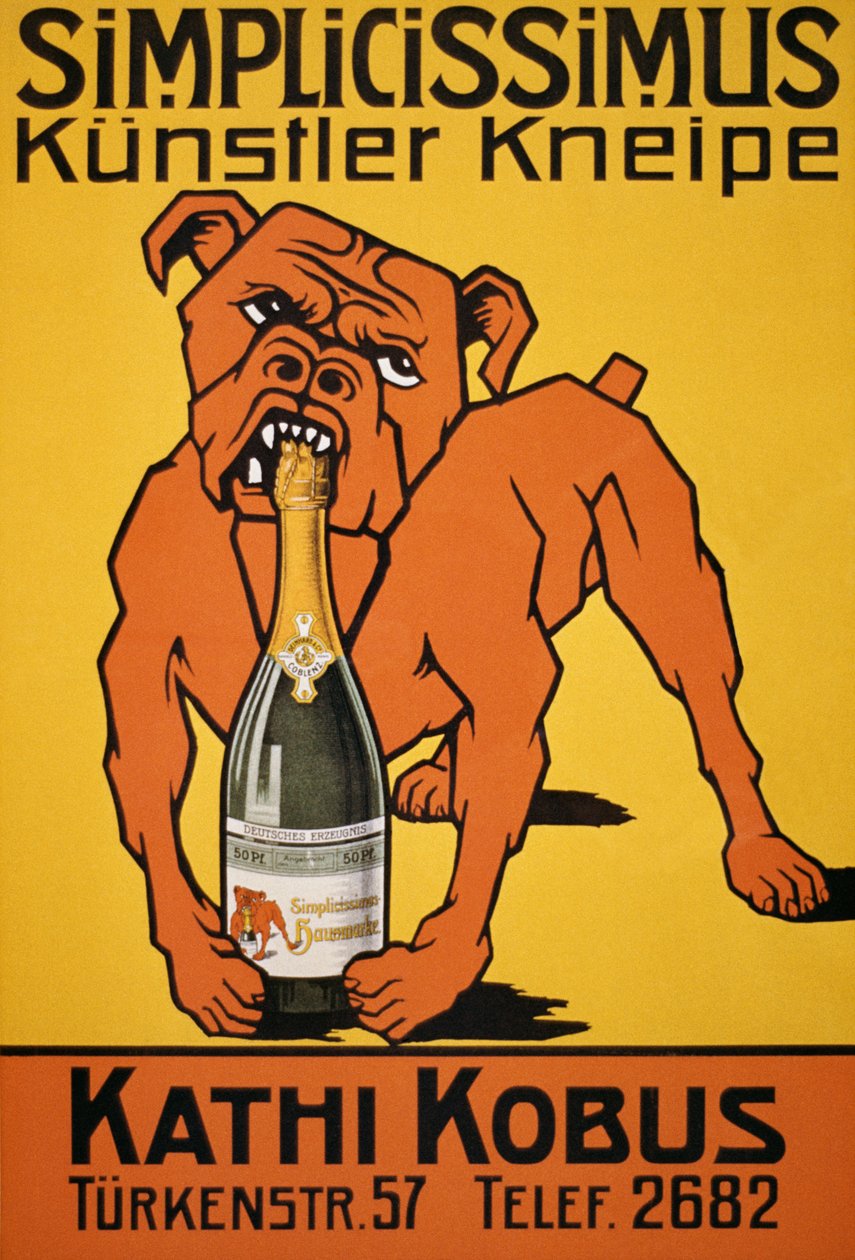 Vintage plakat af bulldog bidende champagneflaske (plakat) af Thomas Theodor Heine
