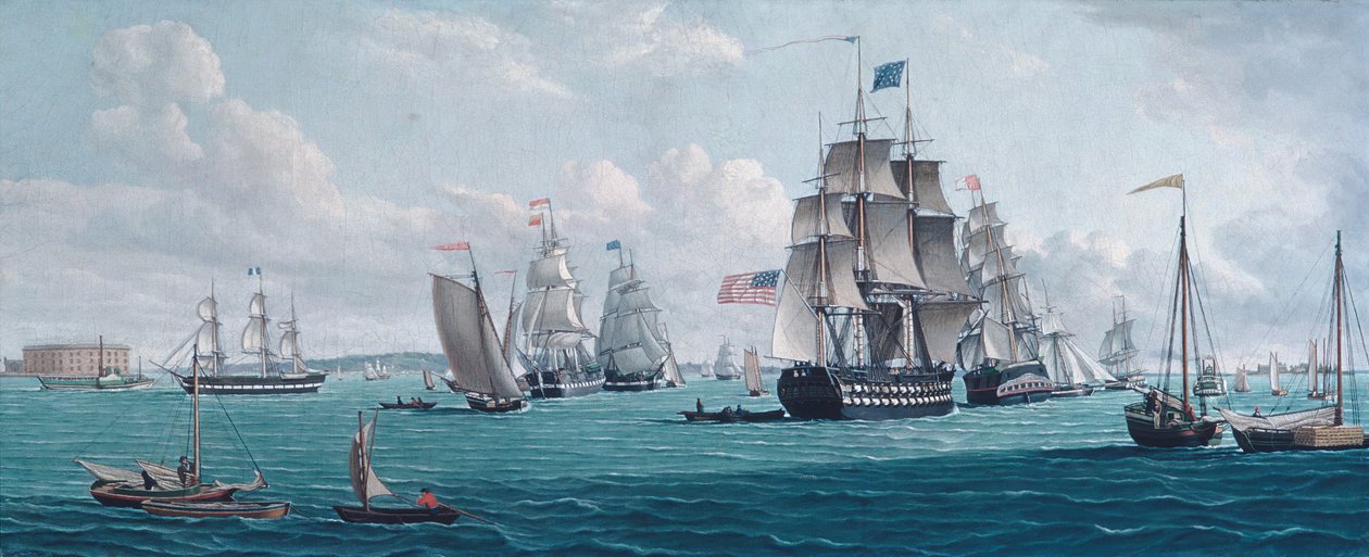 Det amerikanske skib Franklin, med udsigt over New York-bugten, 1820