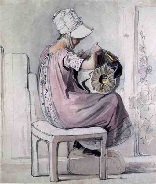 A Girl Lacemaking (akvarel og blyant på papir) af Thomas Unwins