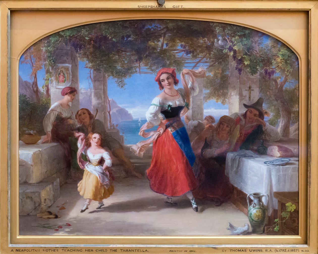 En italiensk mor lærer sit barn at danse tarantella (olie på panel) af Thomas Uwins