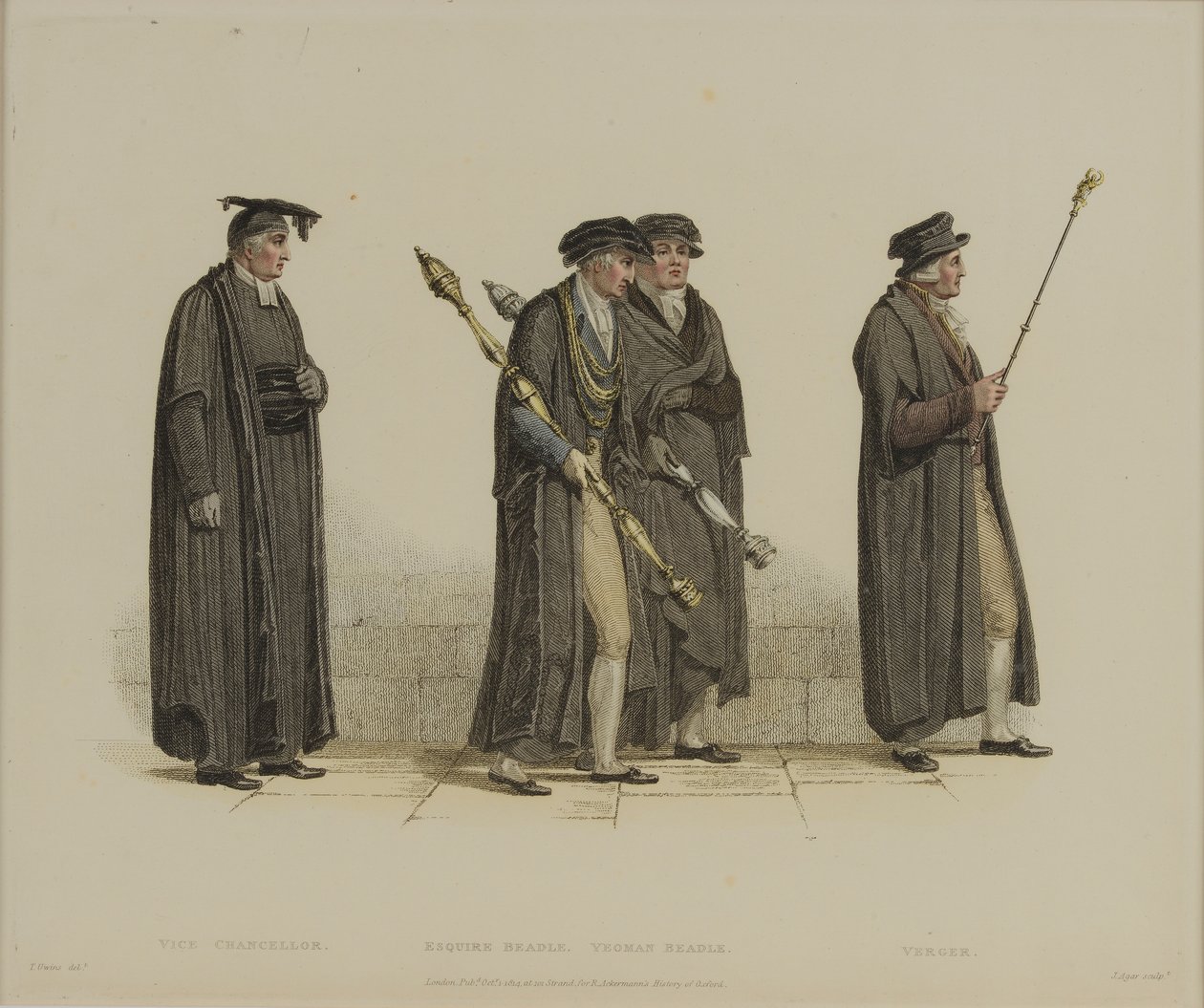 Vice Chancellor, Esquire Beadle, Yeoman Beadle, Verger, graveret af J. Agar, offentliggjort i R. Ackermann