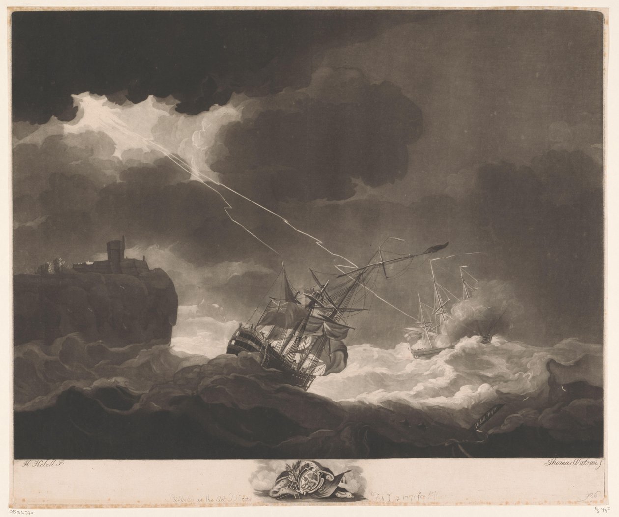 Lynet rammer to skibe under en storm af Thomas Watson