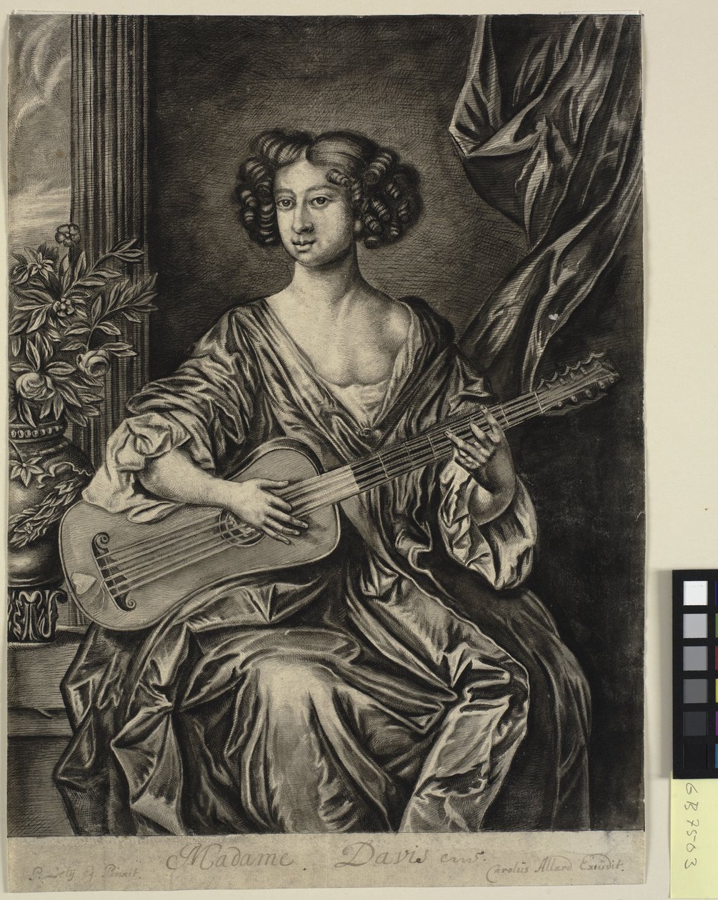 Lady spiller guitar, "Madame Davis"; efter Sir Peter Lelys malede portræt, ca. 1674 af Mary Davies i Earl of Bradford-samlingen af Thomas Watson