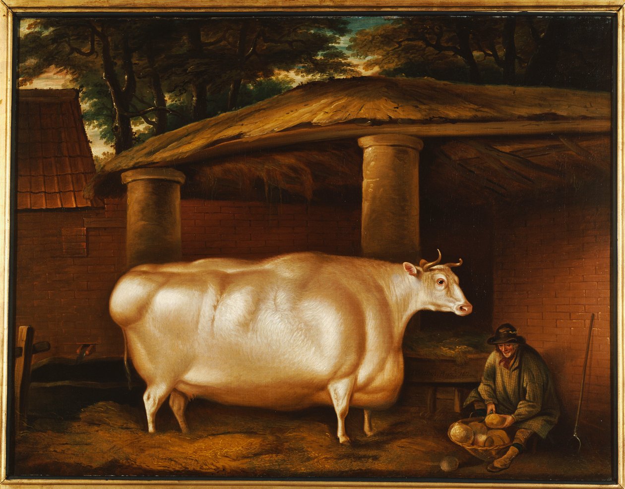 Den hvide kvie, der rejste, med en mand, der skærer majroer i en staldgård, 1811 af Thomas Weaver