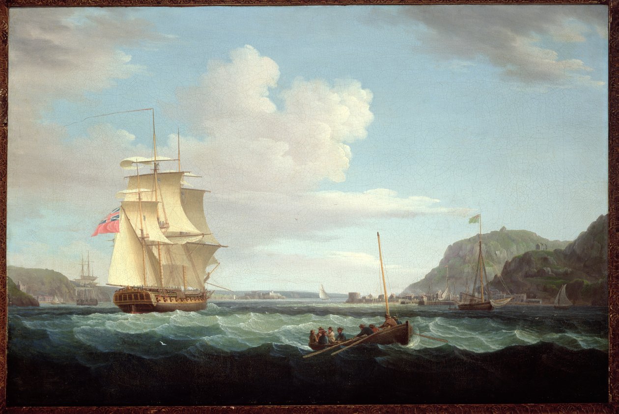 En britisk fregat med en langbåd ud for Headland of Gallows Hill, Broad Bay, Isle of Lewis, Hebriderne af Thomas Whitcombe
