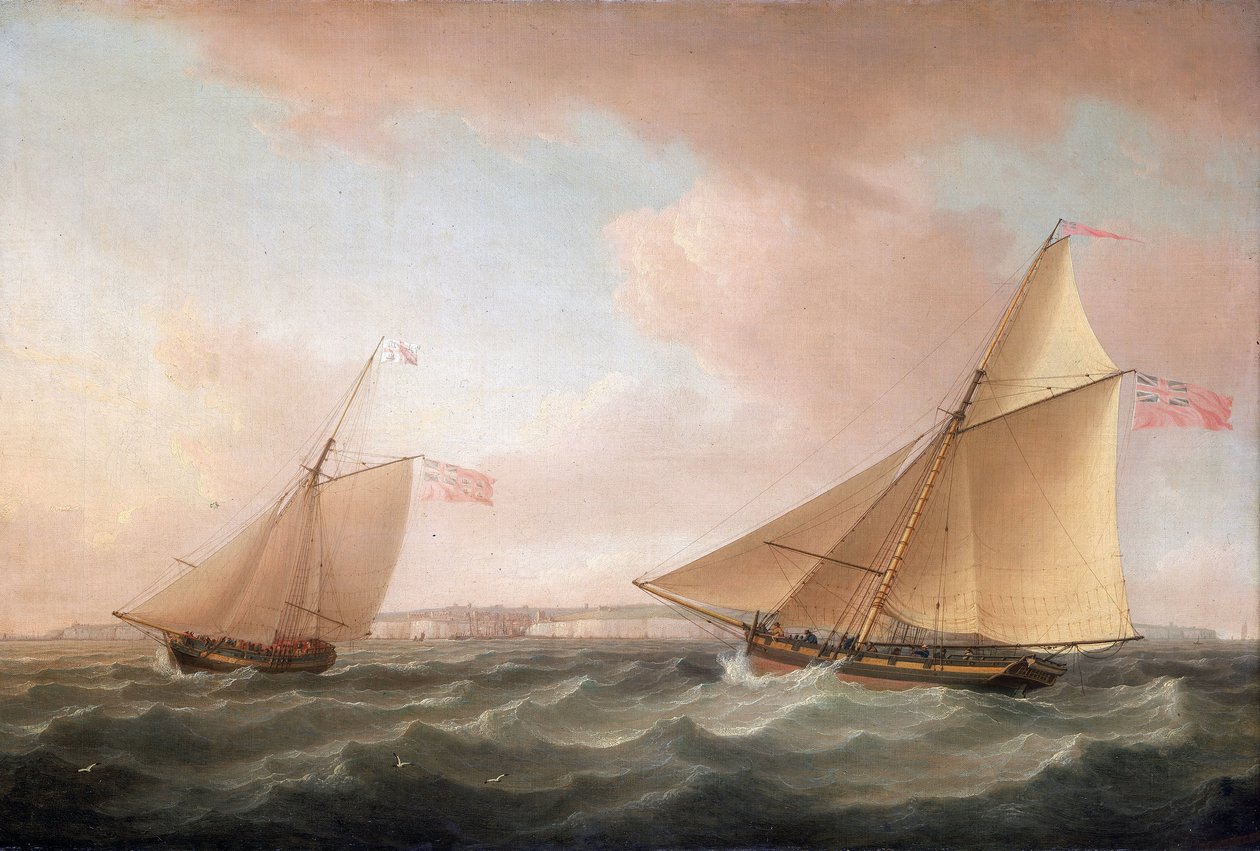 En yacht fra den britiske fyrtårnstjeneste og en Revenue Cutter (sejlbåd bevæbnet til bekæmpelse af smugling), ud for Ramsgate (England) af Thomas Whitcombe