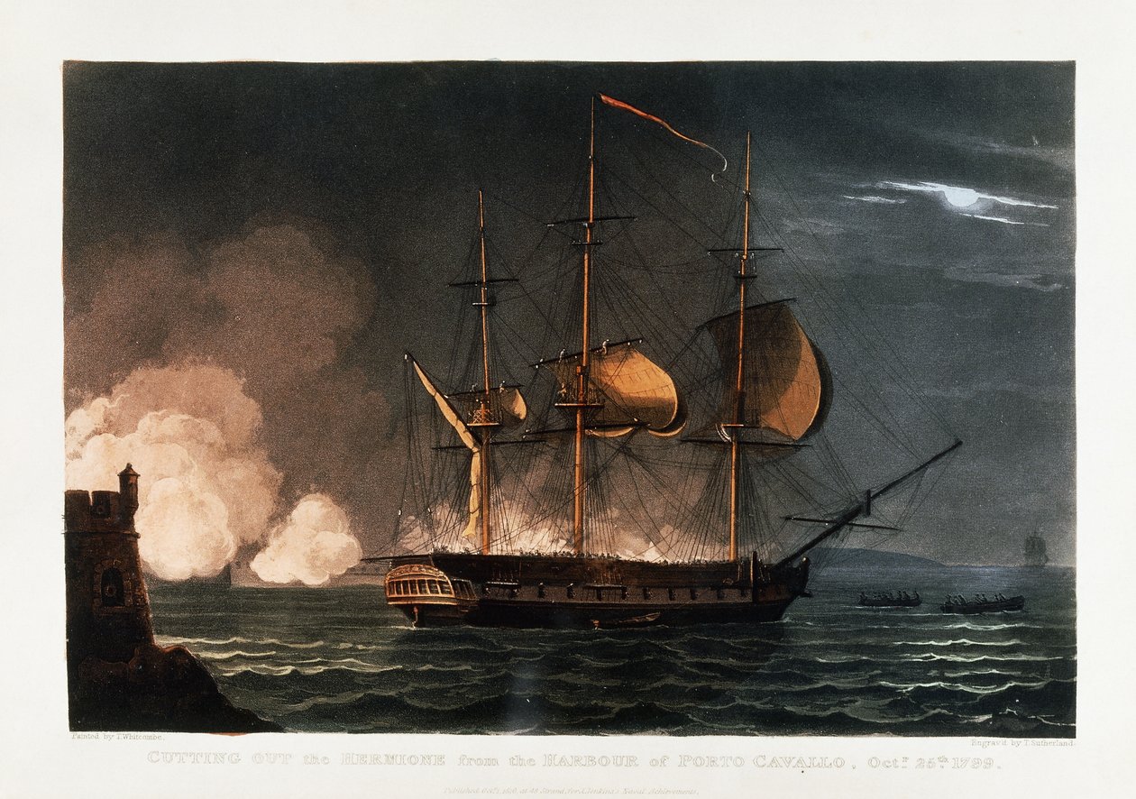Udskæring af Hermione fra havnen i Porto Cavallo, 25. oktober 1799, ca. 1812-1816 af Thomas Whitcombe