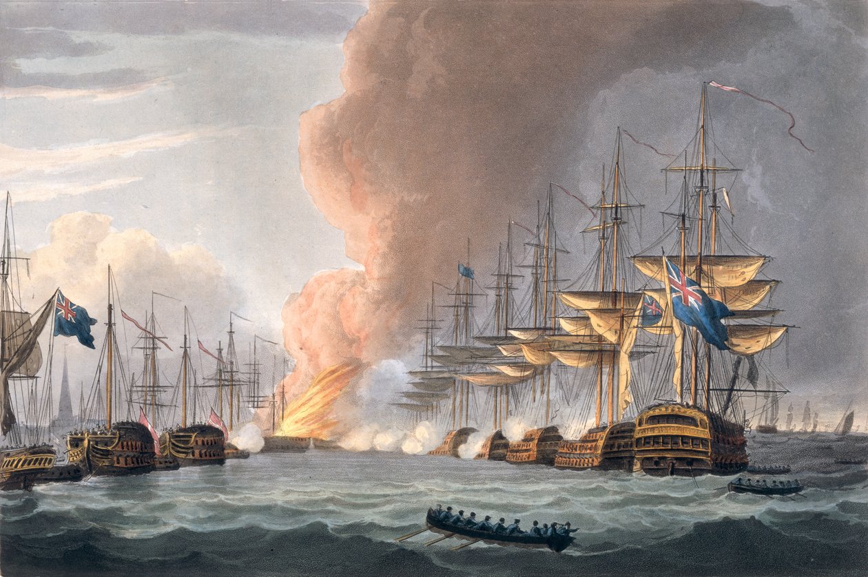 Ødelæggelse af den danske flåde før København, 2. april 1801, indgraveret af Thomas Sutherland til J. Jenkins 