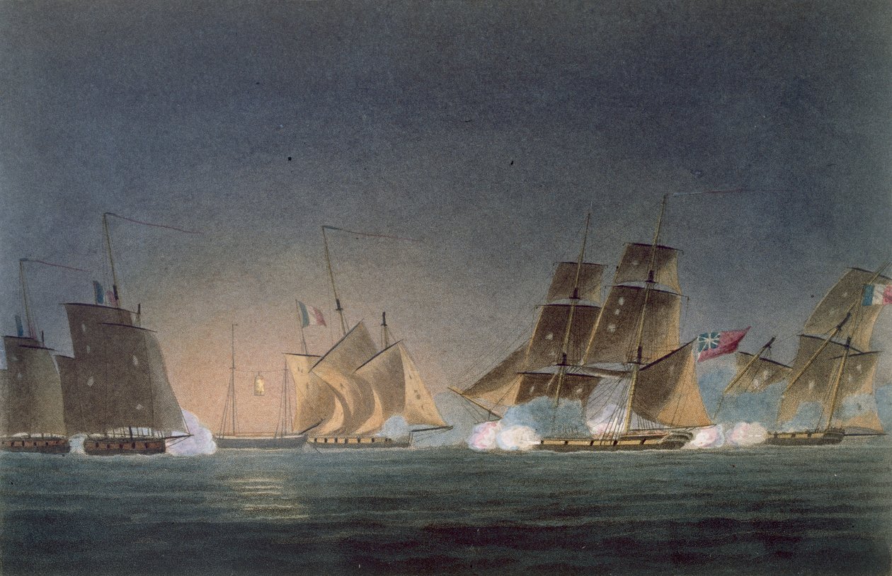 HMS Rinaldo engagerer fire franske kapere, indgraveret af J. Bailey for 