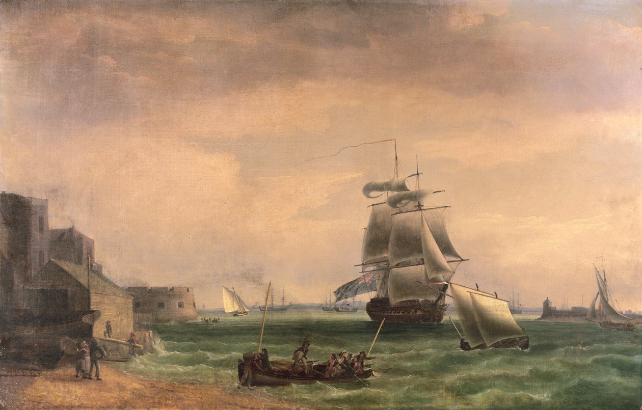 Krigsmænd og små fartøjer i Portsmouth Havn, slutningen af det 18. eller begyndelsen af det 19. århundrede af Thomas Whitcombe