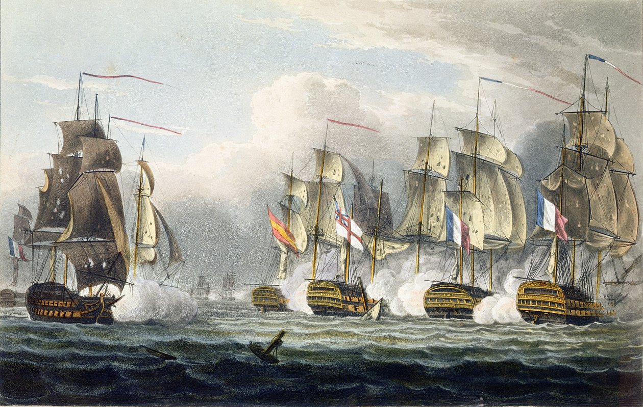 Situationen for HMS Bellerophon efter hendes kommandør Captain Cookes død i slaget ved Trafalgar, 21. oktober 1805, indgraveret af T. Sutherland for 