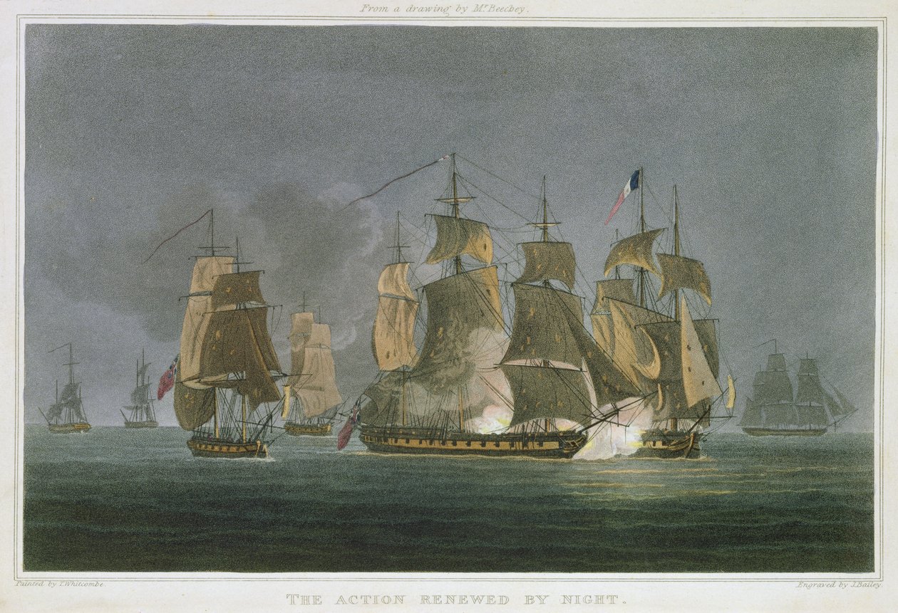 The Action Renewed by Night, off Madagascar, 20th May, 1811, graveret af J. Bailey til "The Naval Chronology of Great Britain" af J. Ralfe, udgivet 1820. af Thomas Whitcombe