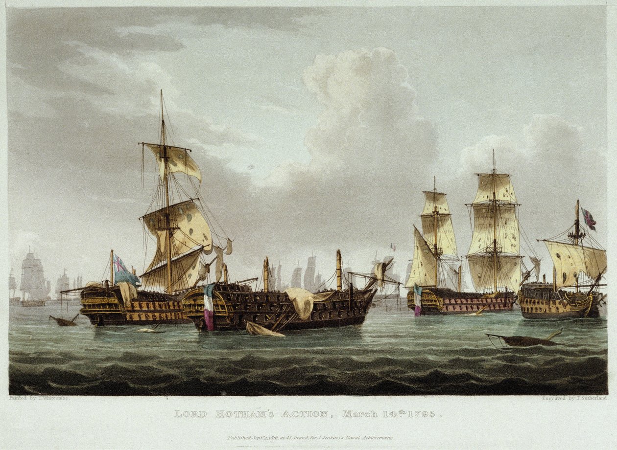 Søslaget under ledelse af Lord William Hotham (1736-1813) den 14. marts af Thomas Whitcombe