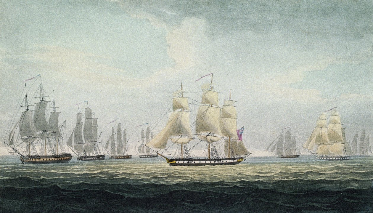 Sir Graham Moores (1764-1843) flådemanøvre, chef for eskadren af fire fregatter i den britiske Royal Navy, som erobrede en spansk skatteflåde ud for Cadiz i Spanien den 5. oktober. af Thomas Whitcombe