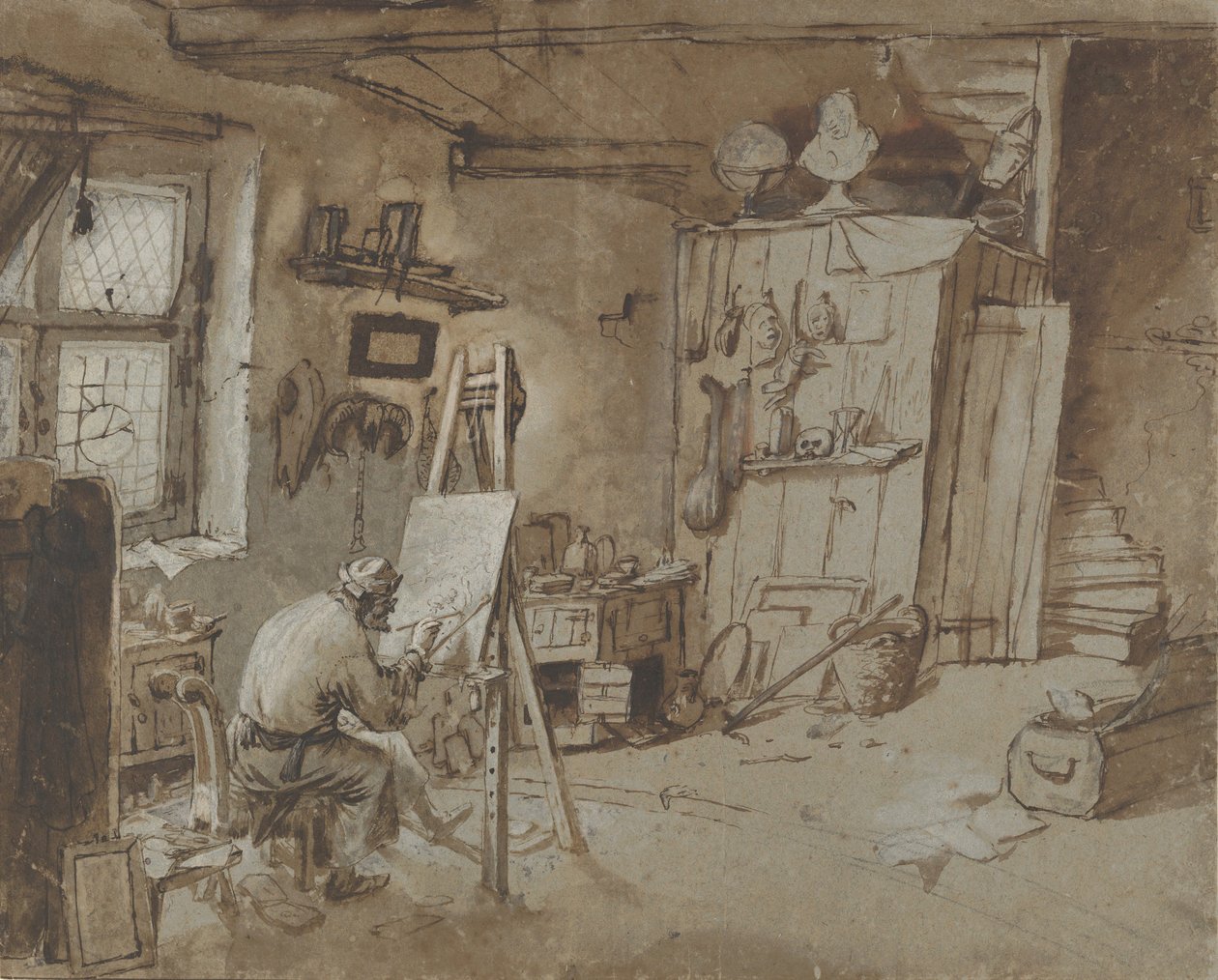 En maler på arbejde i sit atelier, 1663-77. af Thomas Wijck