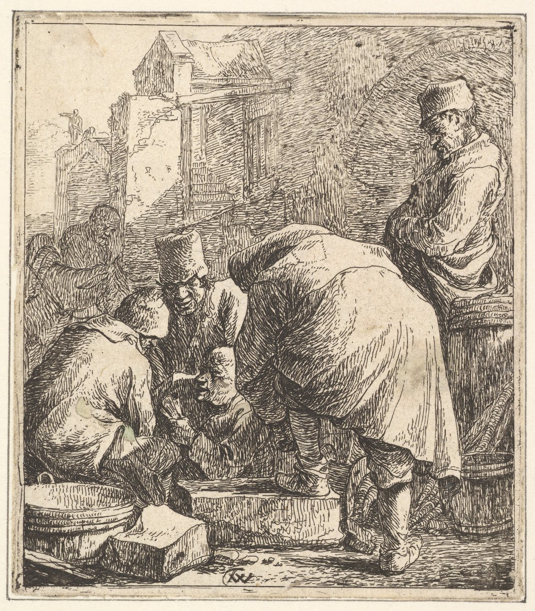 Mand, der justerer sit fodtøj, til venstre Tre mænd, der spiller kort, 1630-77. af Thomas Wijck
