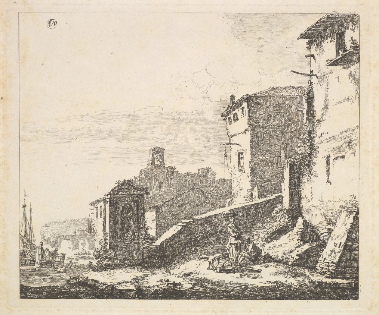 Landsbyscene med kvinde stående ved siden af en siddende mand kopi, 1600-tallet. af Thomas Wijck
