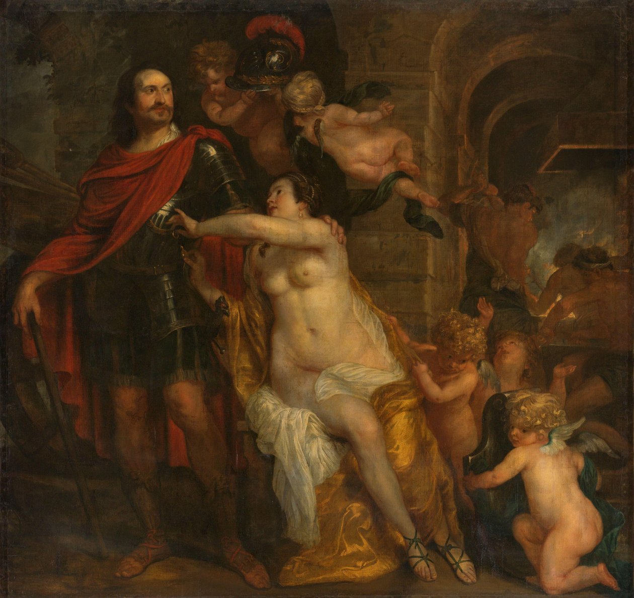 Venus bevæbner en kriger, muligvis Johan Maurits ved Smedjen i Vulcan af Thomas Willeboirts Bosschaert