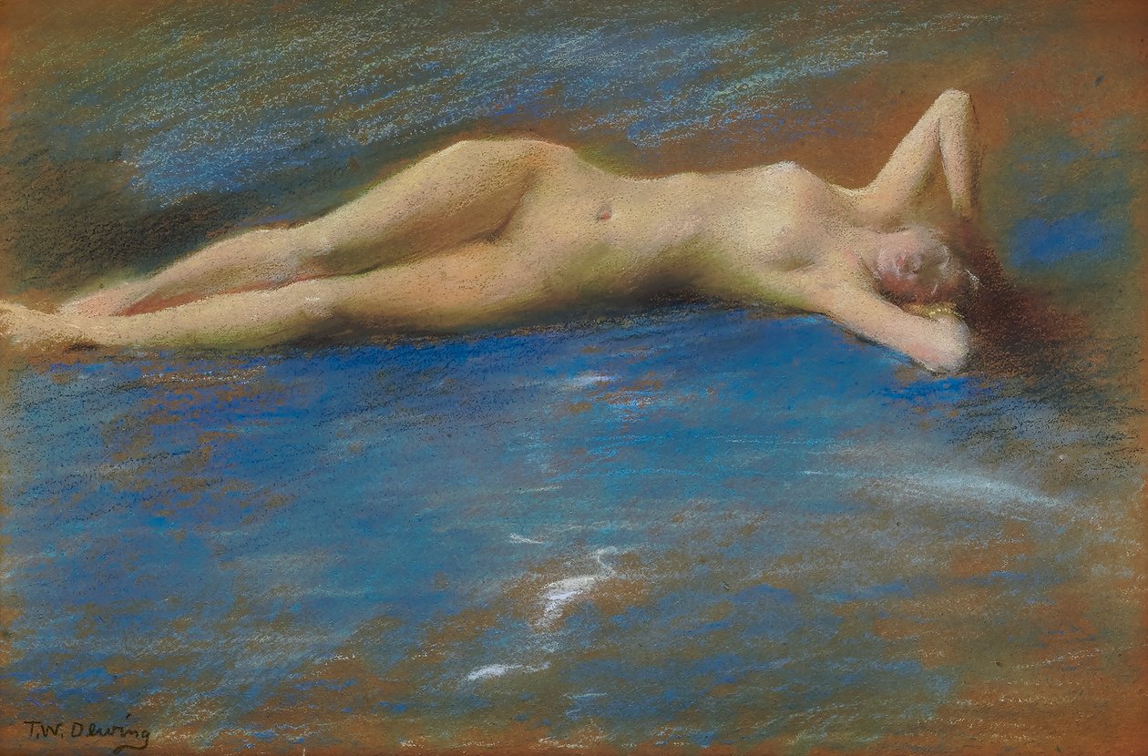 Liggende nøgenfigur af en pige af Thomas Wilmer Dewing