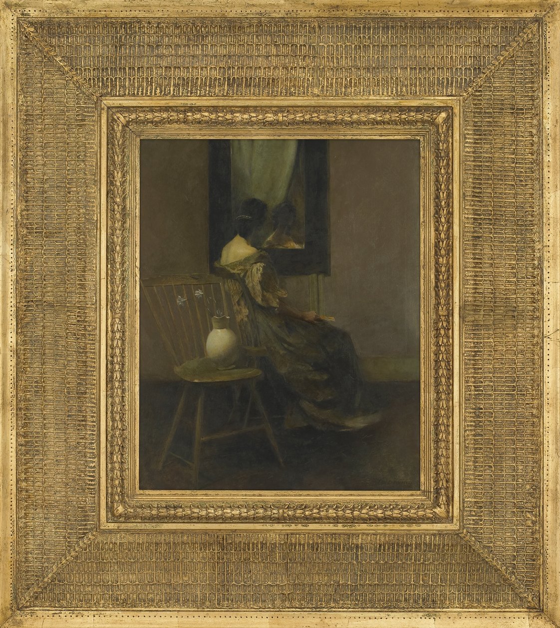 The Mirror, 1907 (olie på træpanel) af Thomas Wilmer Dewing