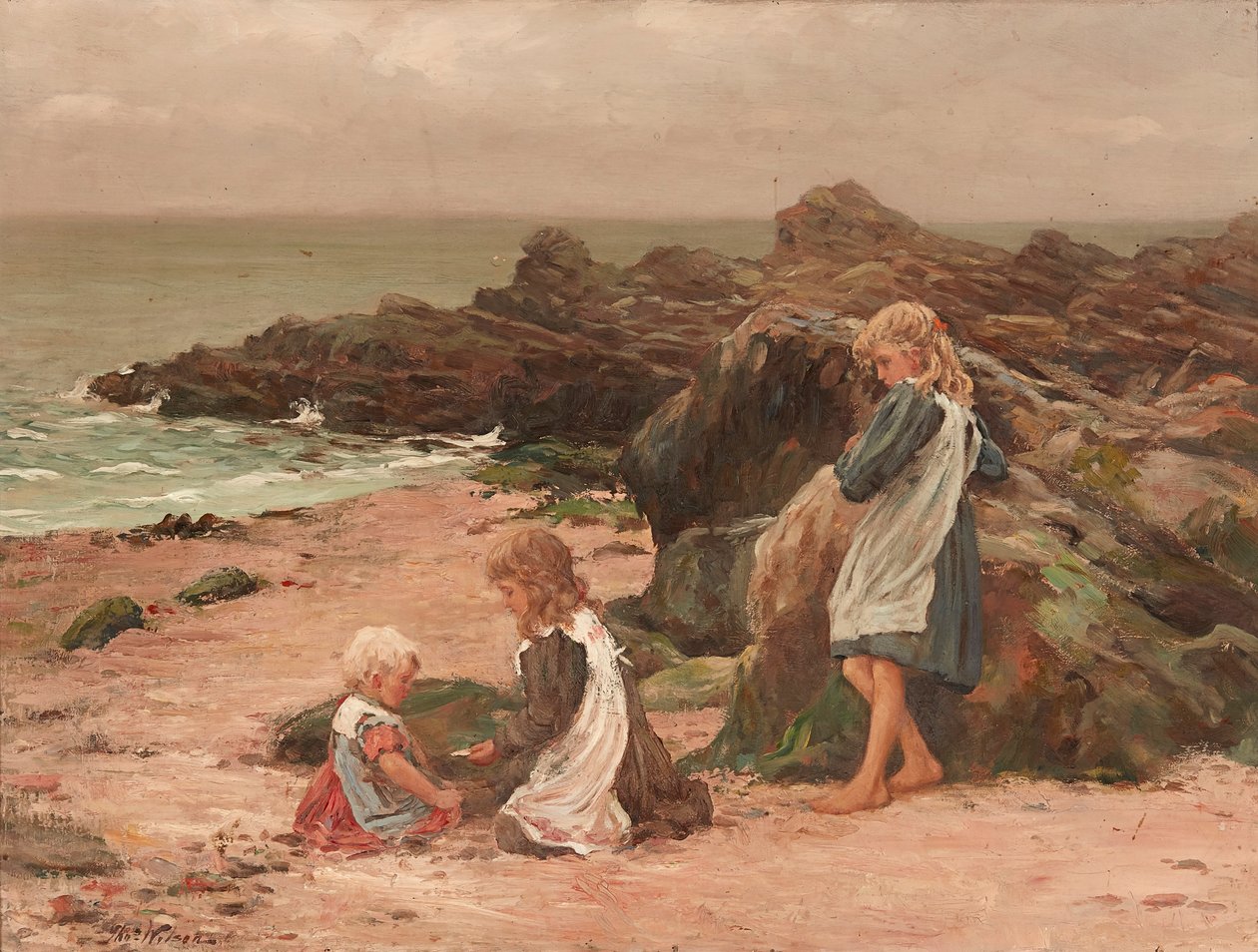 Børn på en klippestrand (olie på lærred) af Thomas Wilson
