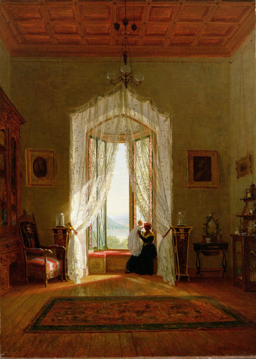 Et vindue, hus ved floden af Thomas Worthington Whittredge