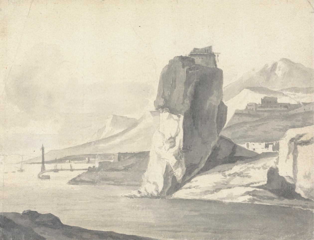 En kystscene (italiensk) med bølgebryder, høje klipper og et fort af Thomas Wyck