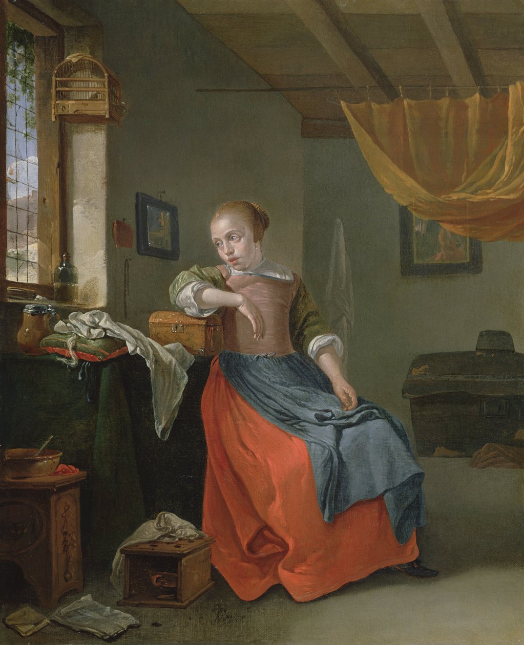 En siddende kvinde i et indre stirrer ud af vinduet af Thomas Wyck