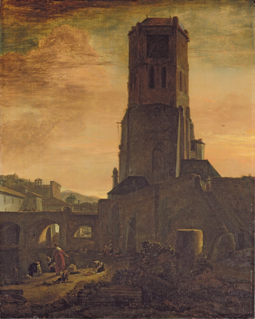 Vaskekoner ved foden af et tårn (olie på panel) af Thomas Wyck