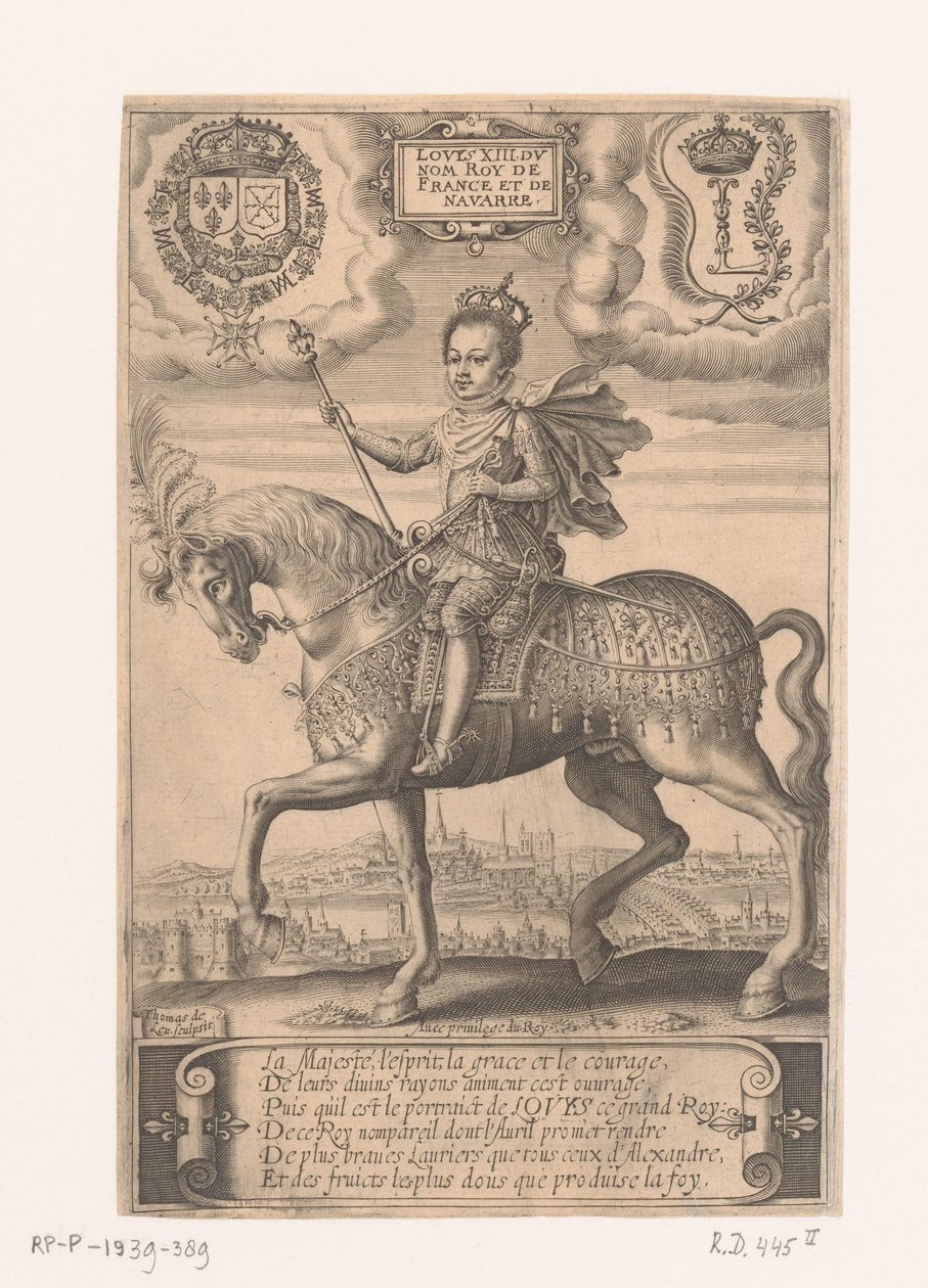 Portræt af Ludvig XIII til hest, med udsigt over Paris i baggrunden af Thomas de Leu