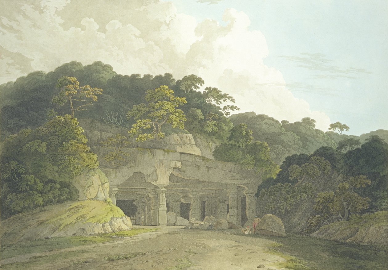 Indgangen til Elephanta-grotten, billede 58 fra "Oriental Scenery: Twenty Four Views in Hindoostan", udgivet i 1800 af Thomas und William Daniell