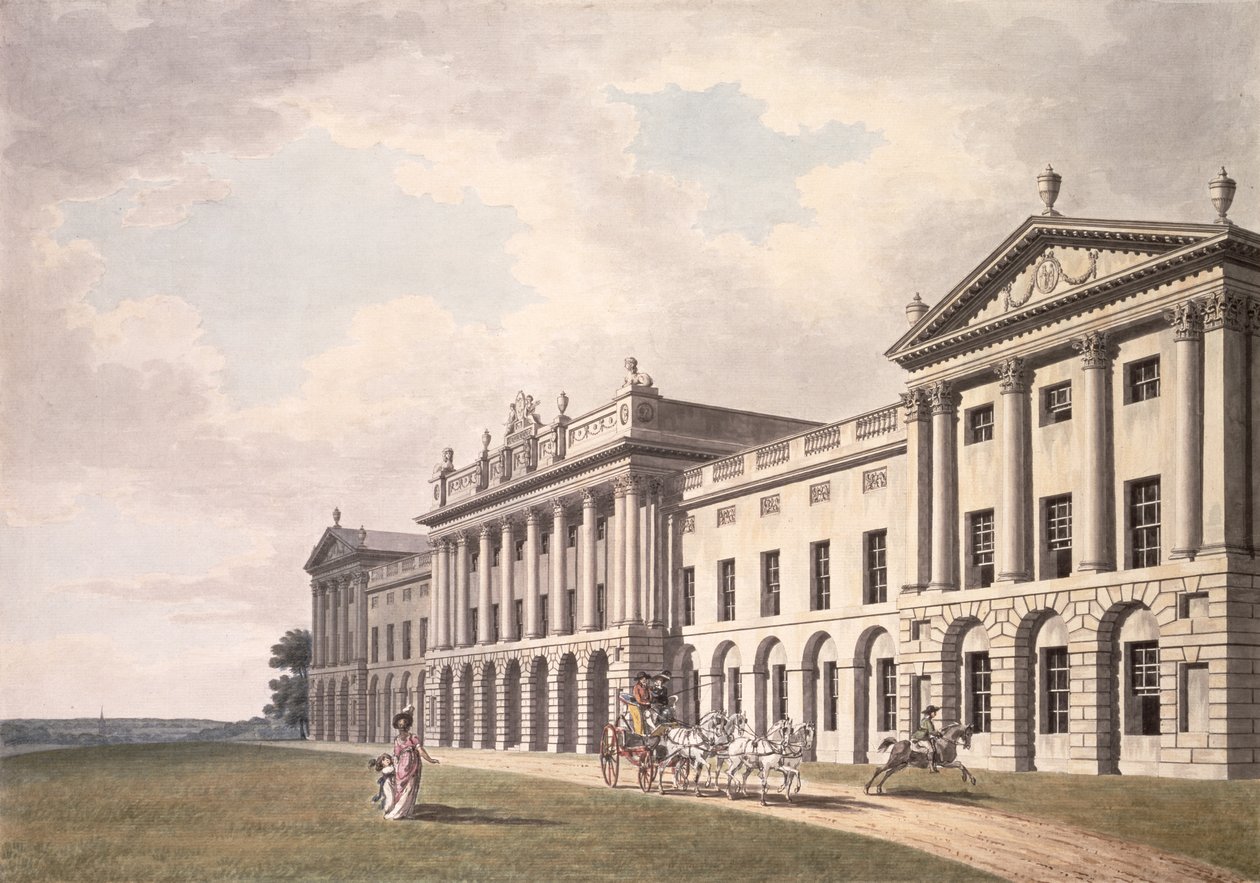 Udsigt over Heveningham Hall i Suffolk, Sir Gerrard Vannecks sæde, 18. århundrede (pen og blæk og wc på papir) af Thomas van der Wilt
