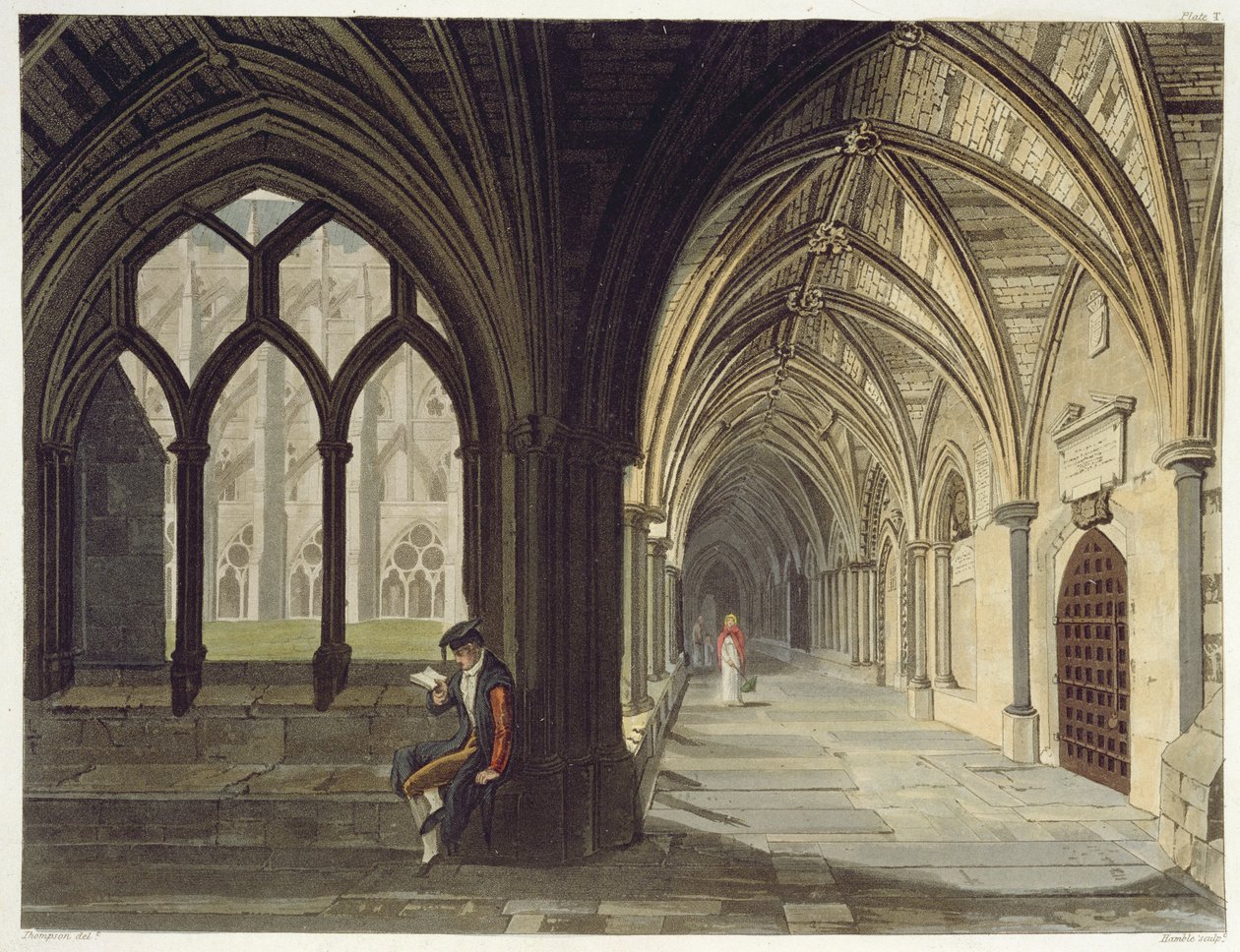South East Angle of the Cloisters, plade T fra Westminster Abbey, indgraveret af J.R. Hamble (fl.1775-1825) pub. af Rudolph Ackermann (1764-1834) 1812 (akvatint) af Thompson