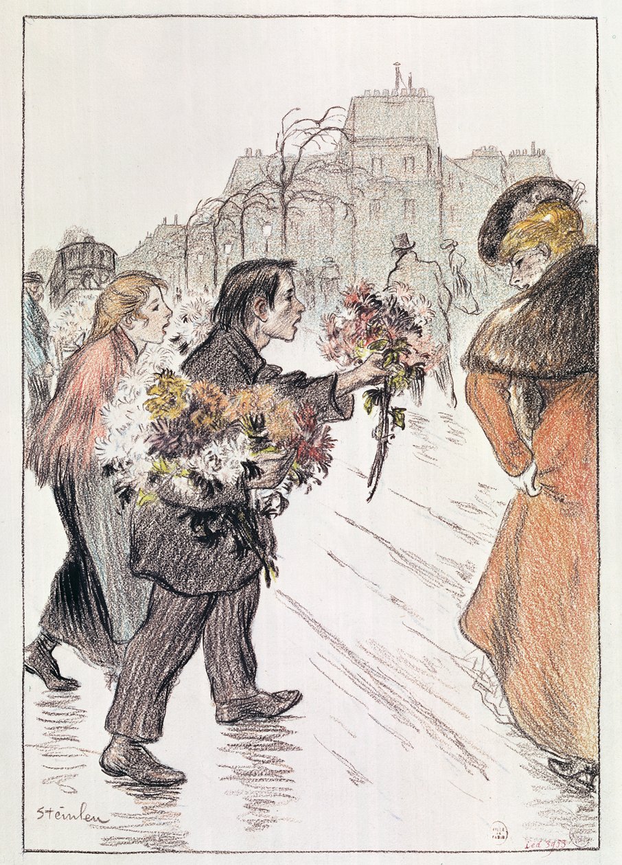 Blomsterhandlere, der går rundt på de ydre Boulevarder (blyant og farveblyant på papir) af Théophile Alexandre Steinlen
