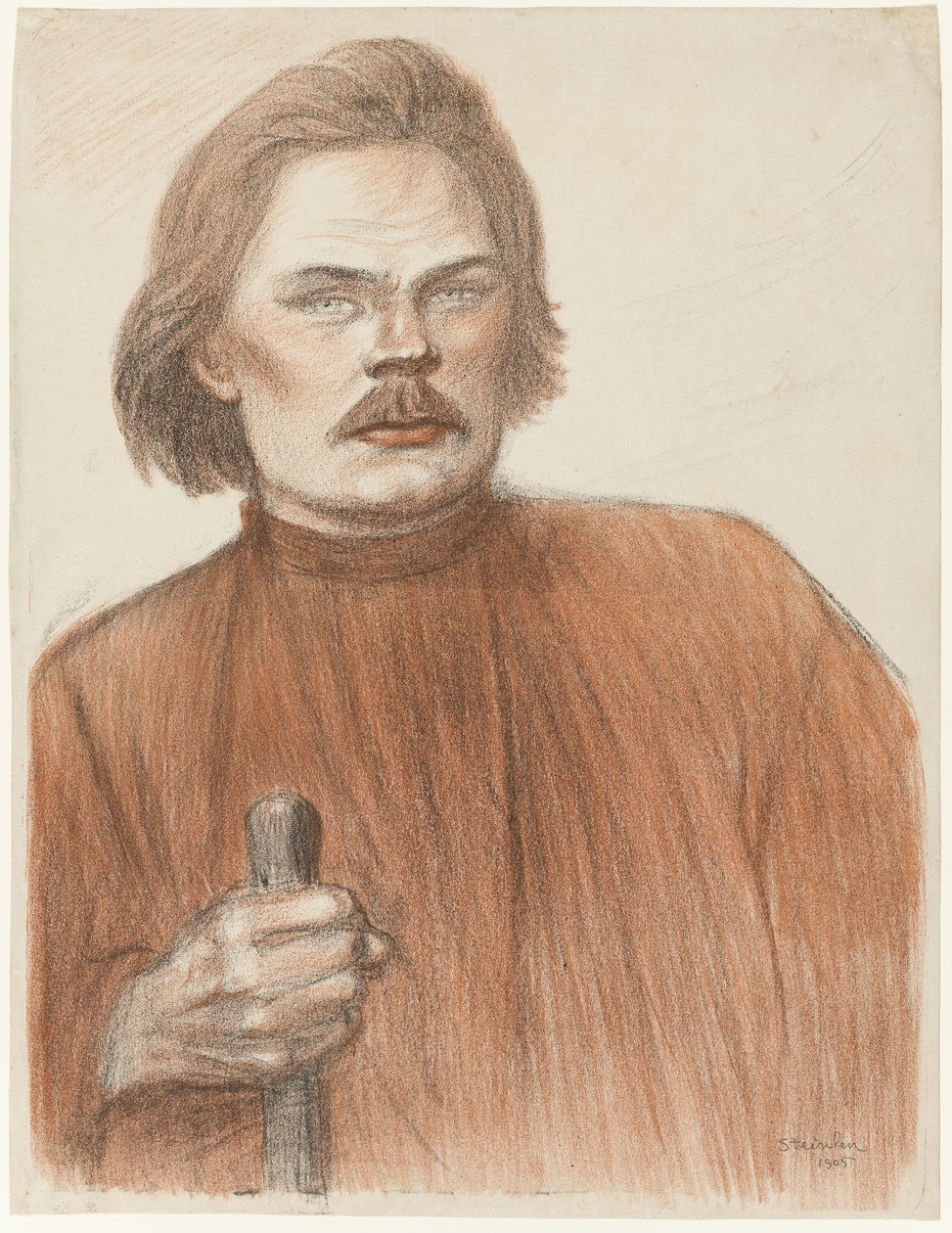 Frontalt portræt fra taljen og op af Maxime Gorki af Théophile Alexandre Pierre Steinlen
