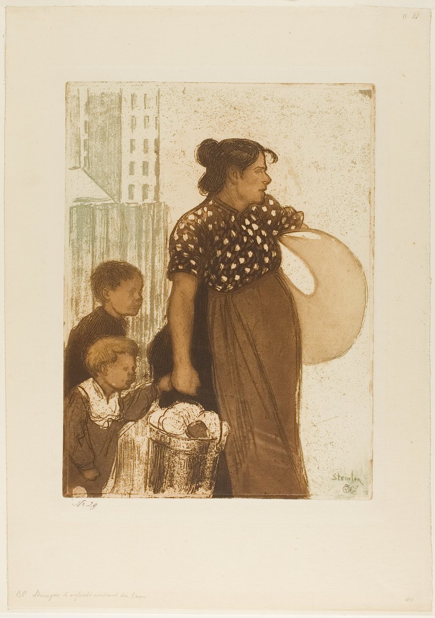 Husmor og børn på vej tilbage fra vaskeriet af Théophile Alexandre Pierre Steinlen