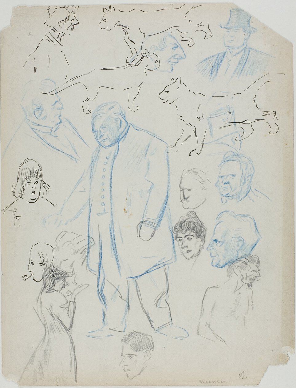 Ark med skitser: Mænd, kvinder og katte (recto); Ark med skitser: Mænd og kvinder (bagside) af Théophile Alexandre Pierre Steinlen
