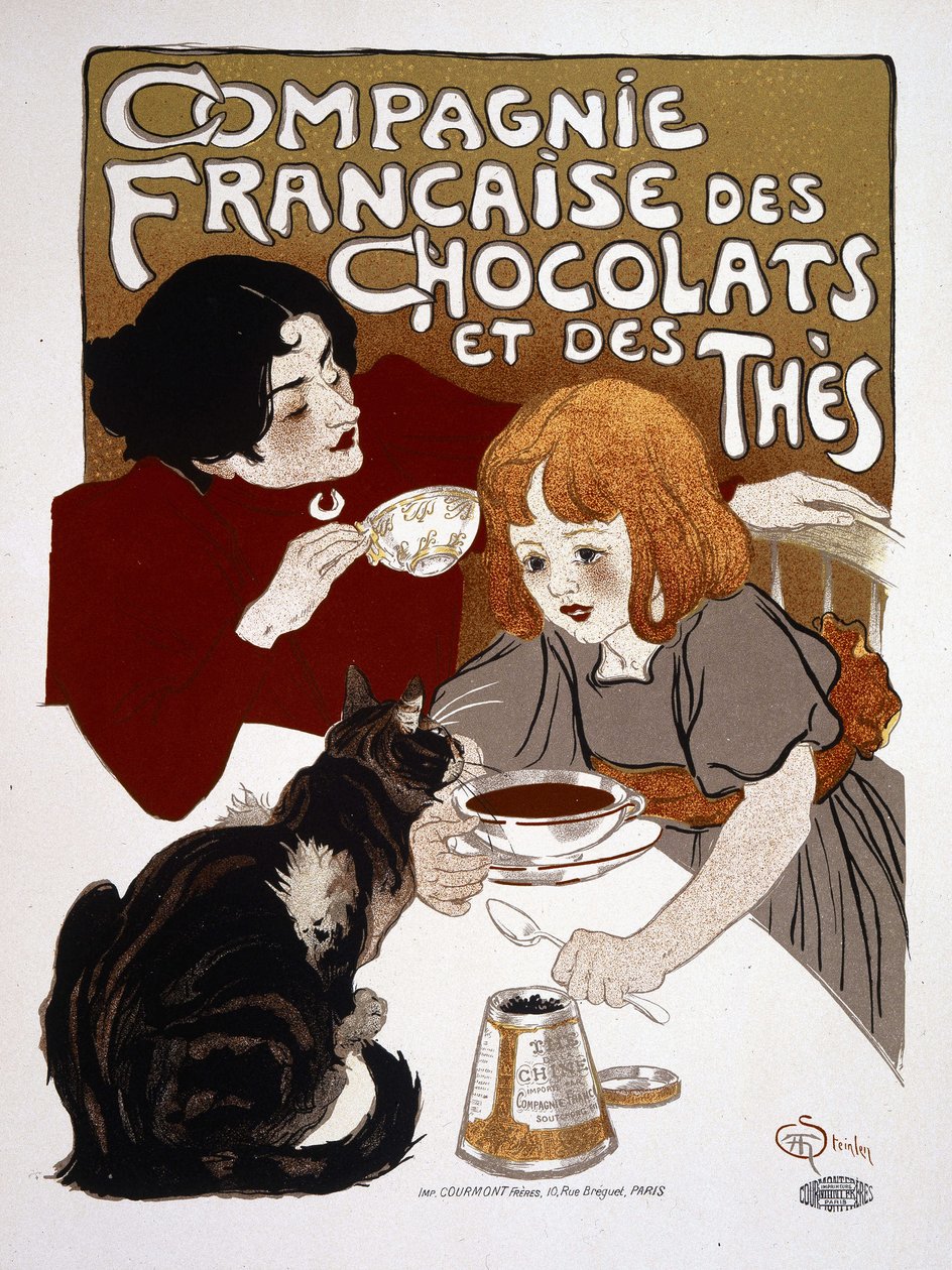 Annoncering for "Compagnie francaise des chocolats et des teas", af Steinlen, deb. 20. århundrede af Théophile Alexandre Steinlen