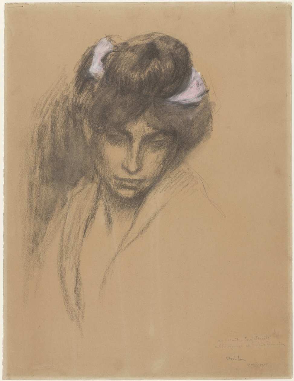 Mørkt pigehoved, der ser frem, med et lilla bånd viklet i håret af Théophile Alexandre Steinlen