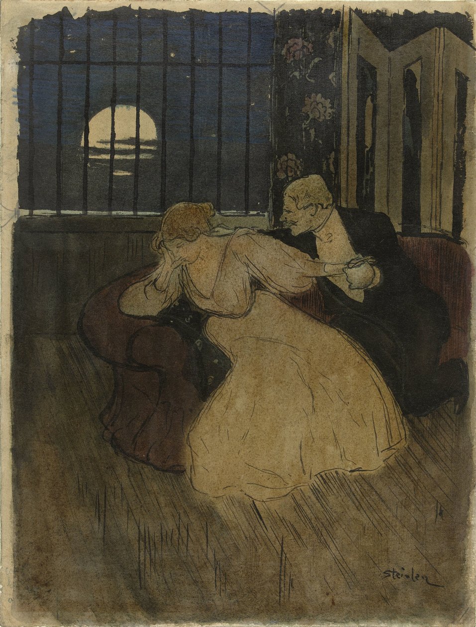 Herre i nederdel forsøger at overtale en tvivlende dame på en sofa af Théophile Alexandre Steinlen