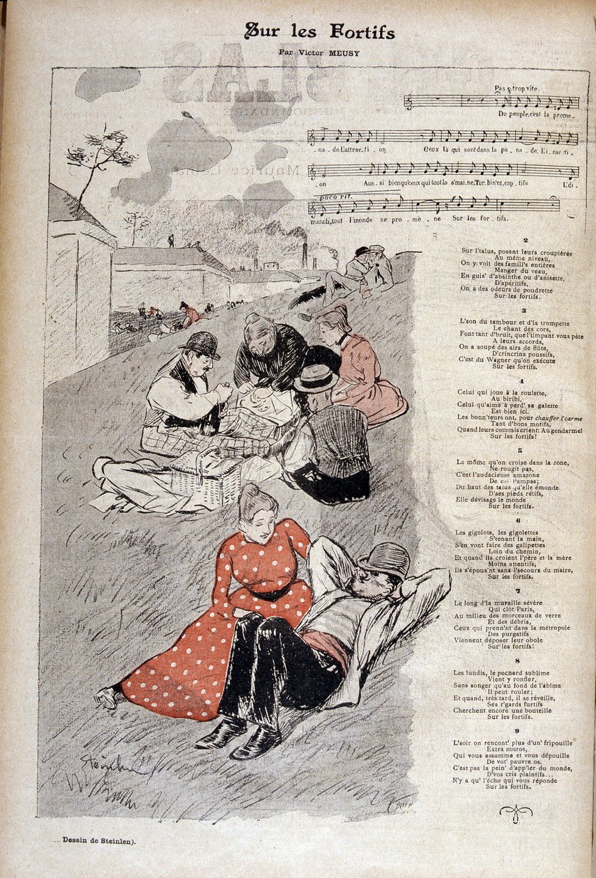 Populær sang "" på fortices"" af Victor Meusy - tegning af Theophile Alexandre Steinlen i "" Gil blas illustreret"". af Théophile Alexandre Steinlen