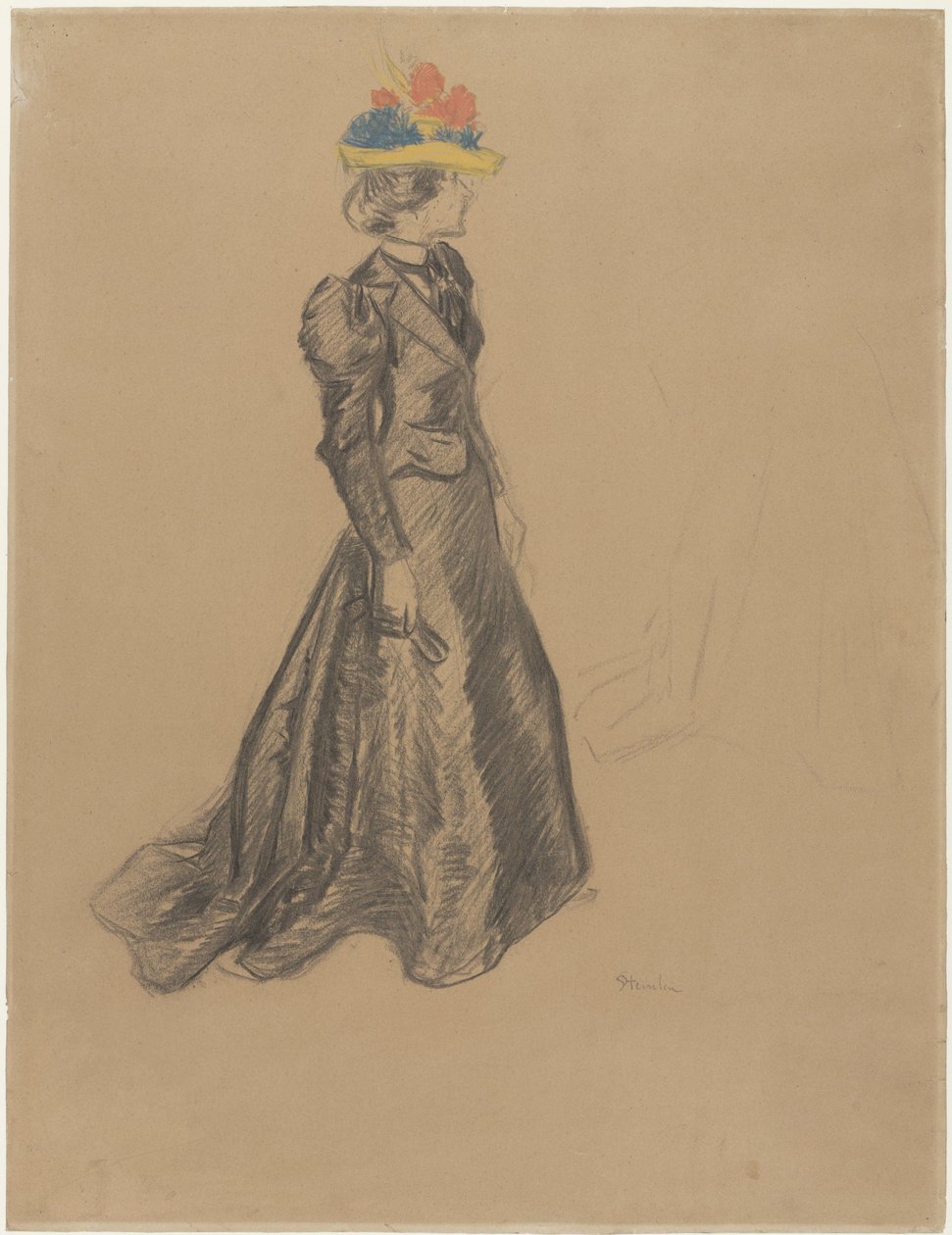 Stående dame i sort komplet med tog, og en farvet stråhat med sommerblomster af Théophile Alexandre Steinlen