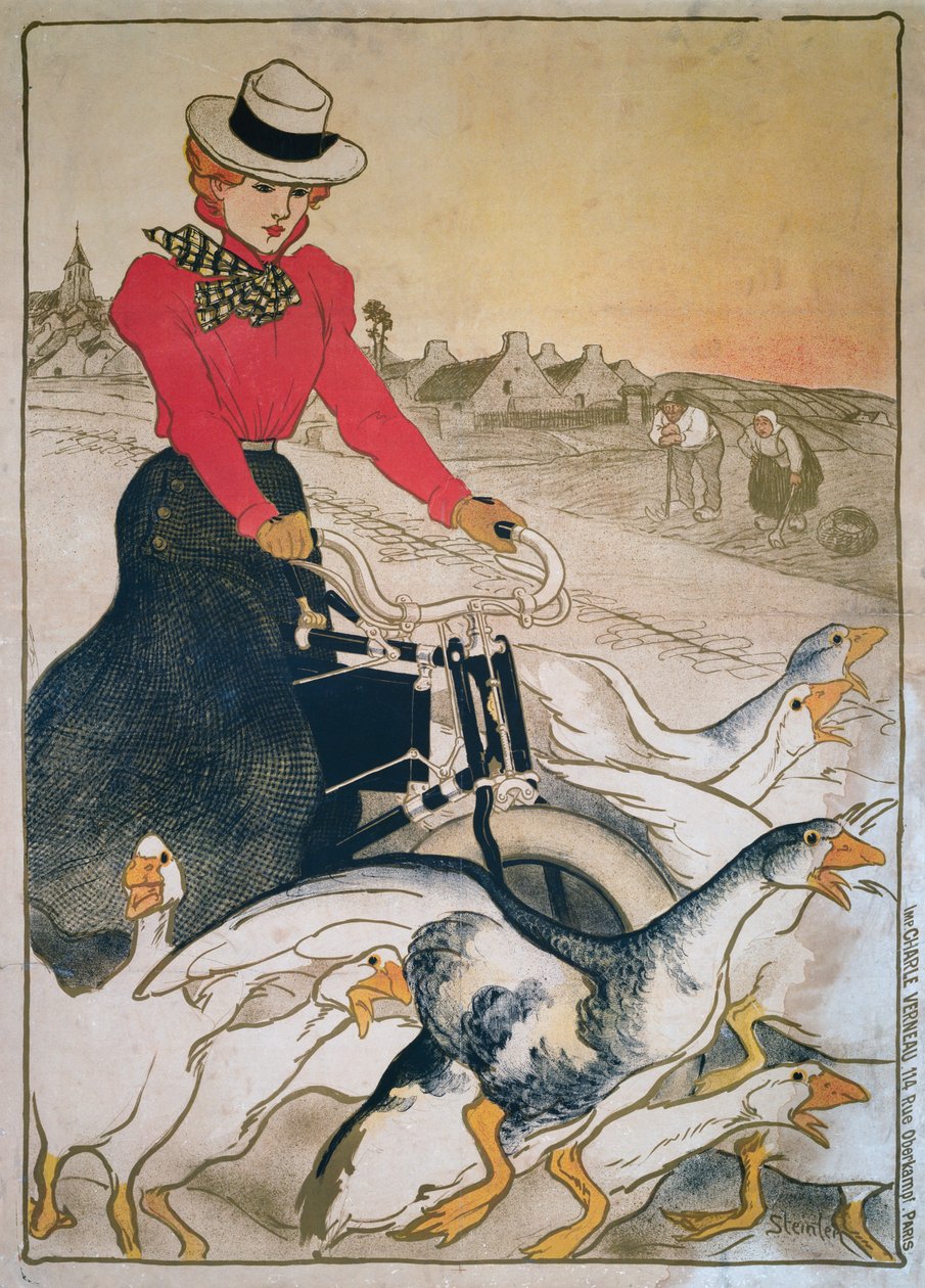 Kvinde på motoriseret velociped og gruppe gæs af Théophile Alexandre Steinlen