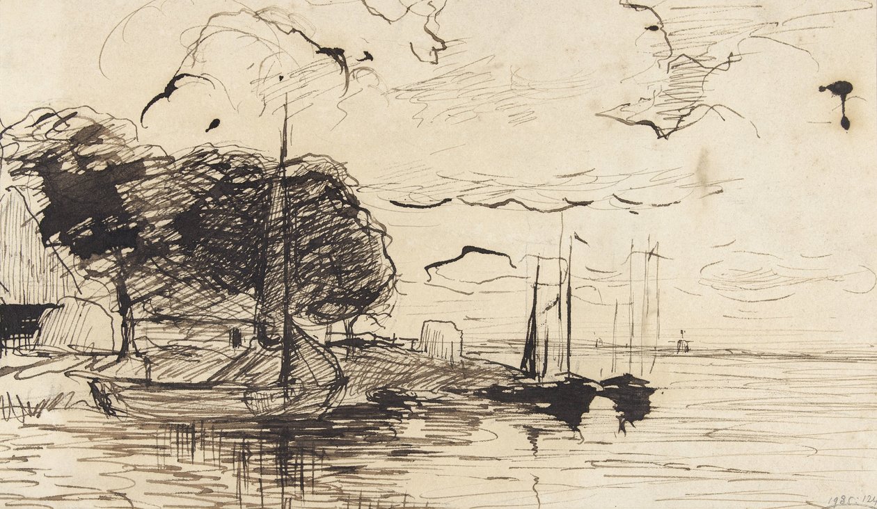 Kyst med lade og sejlskibe af Théophile de Bock (possibly)