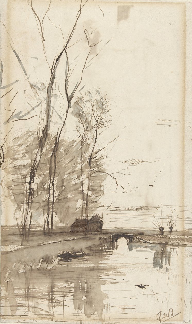 Kanaludsigt med høje træer, en gård og en bro af Théophile de Bock (possibly)